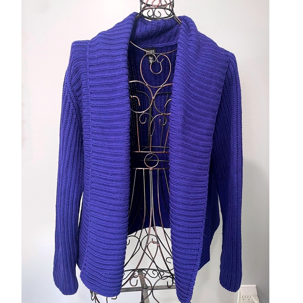 Eileen Fisher Cobalt Blue 100% Merino Wool Rib Knit Shawl Cardigan XL Luxury EUC